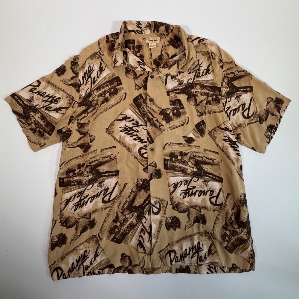 Panama Jack Mens XL Rayon Rum Bottle Hawaiian Shirt Tan Boho Coastal Y2K Boho